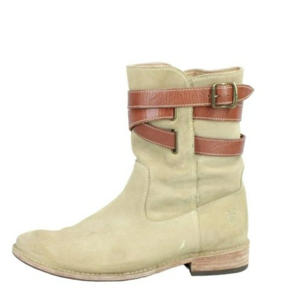 Frye Shoes - Frye Shirley Strappy Short Tan Suede Pull On Almond Toe Booties Size 8.5 B